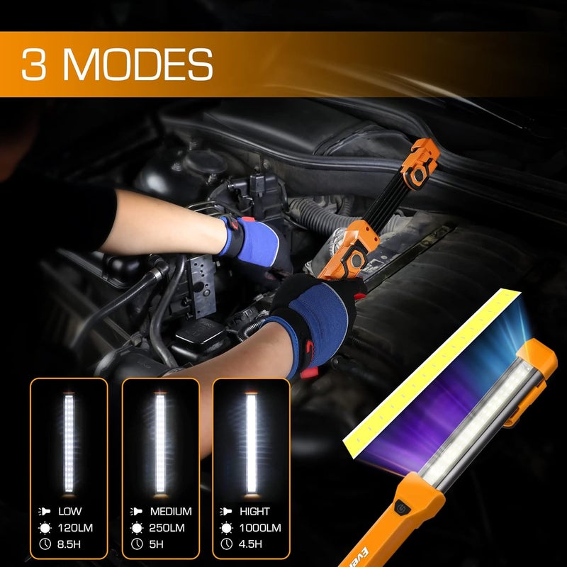 EverBrite 1000LM ضوء عمل LED، ضوء عمل قابل لإعادة الشحن للميكانيكيين مع قاعدتين مغناطيسيتين مزدوجتين و خطافات تعليق، 4 أوضاع إضاءة، كابل USB C، لإصلاح السيارات، العمل، والعواصف، عبوة من 1 - Image 3